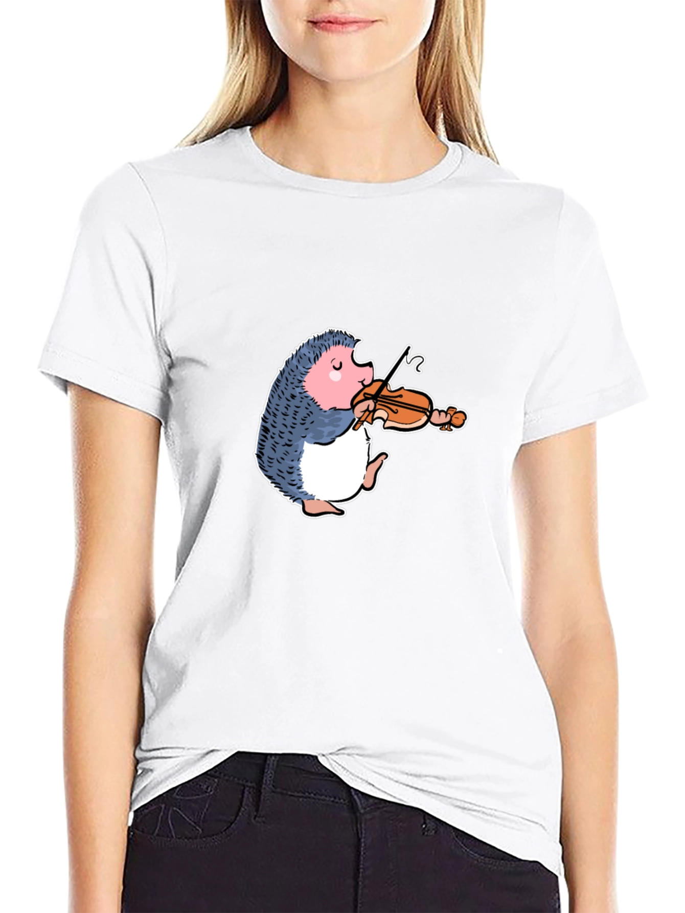 Hedgehog Violinist Graphic Tee - Black Cotton T-Shirt