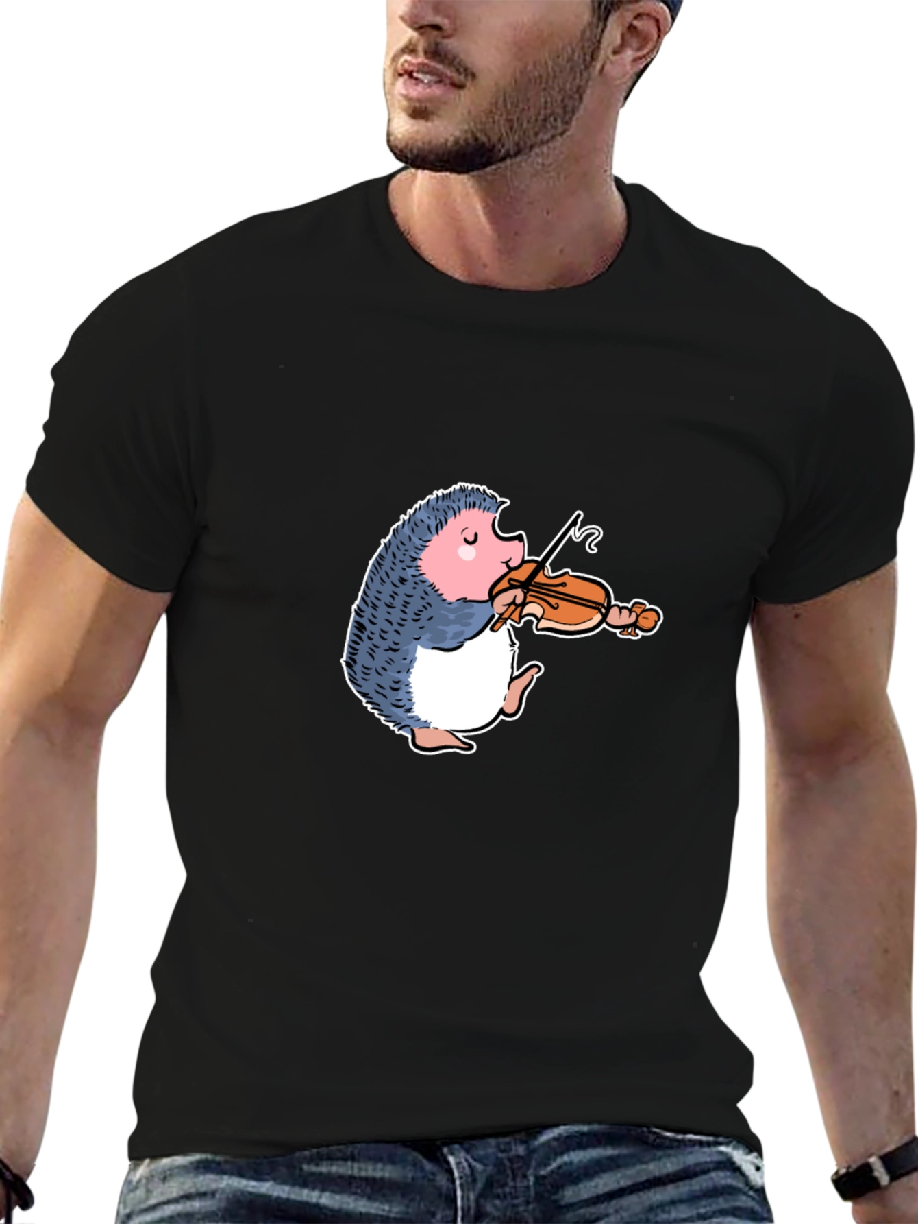 Hedgehog Violinist Graphic Tee - Black Cotton T-Shirt