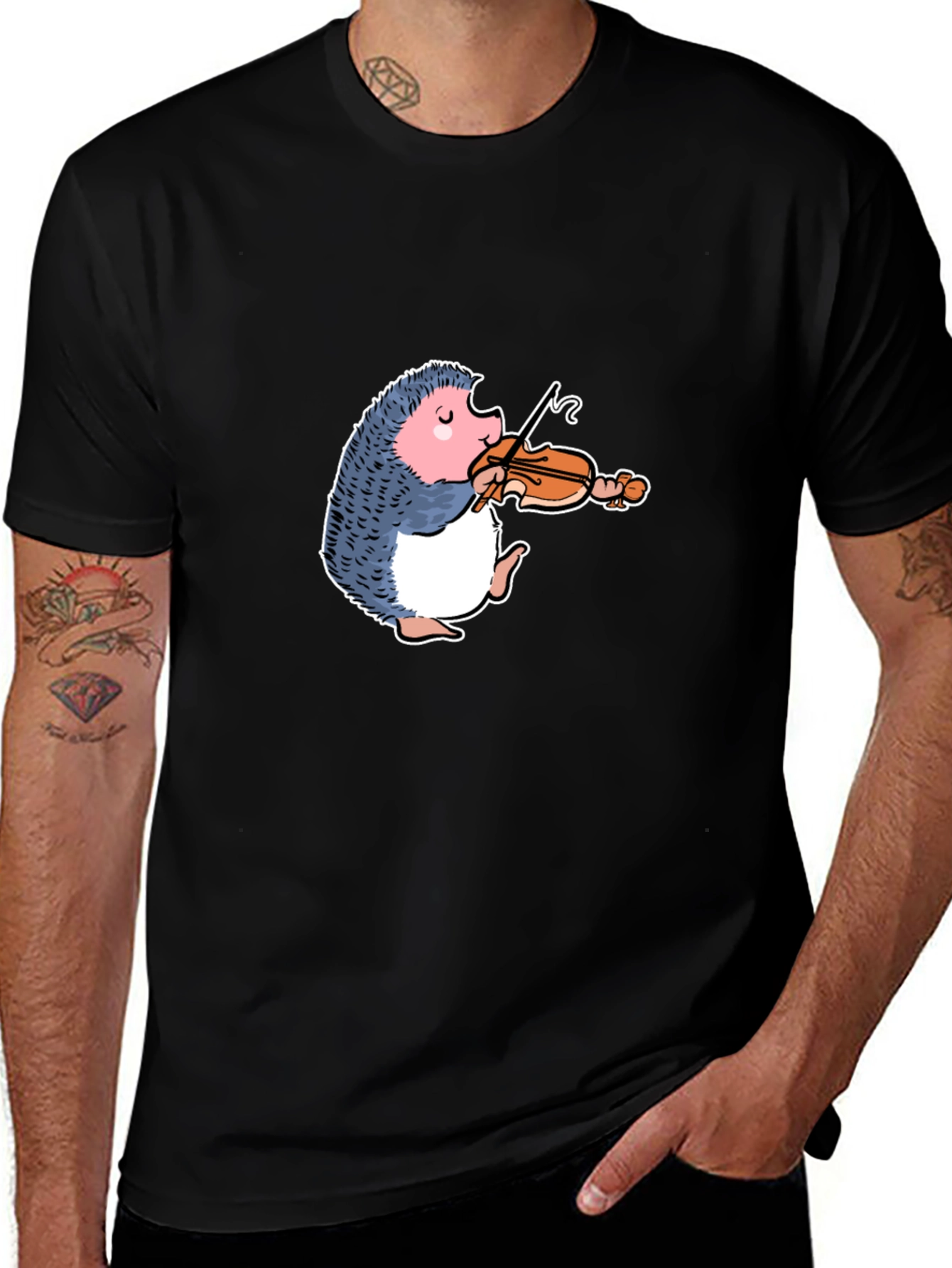 Hedgehog Violinist Graphic Tee - Black Cotton T-Shirt