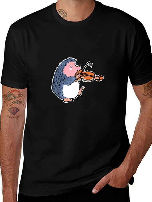 Hedgehog Violinist Graphic Tee - Black Cotton T-Shirt