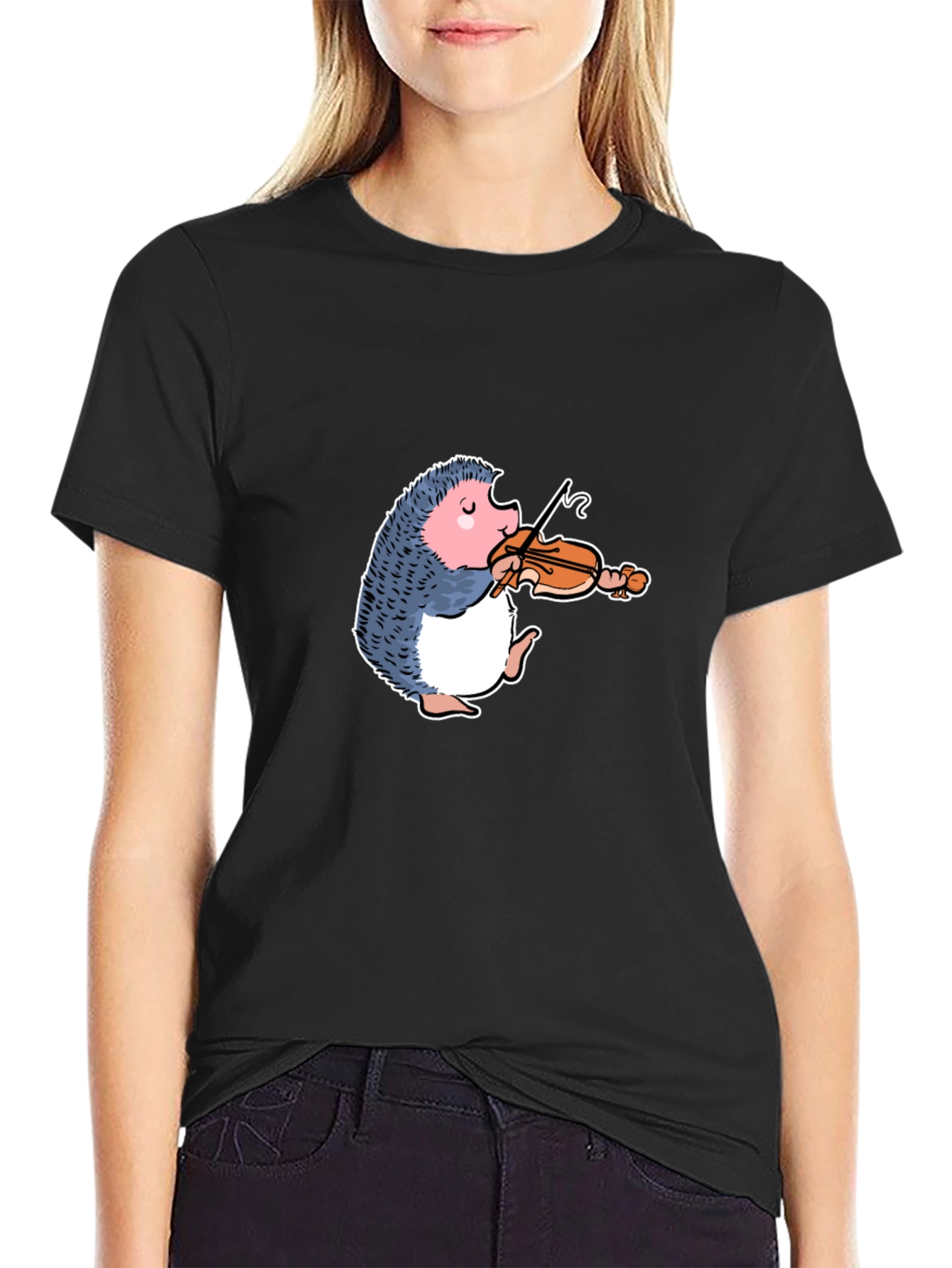 Hedgehog Violinist Graphic Tee - Black Cotton T-Shirt