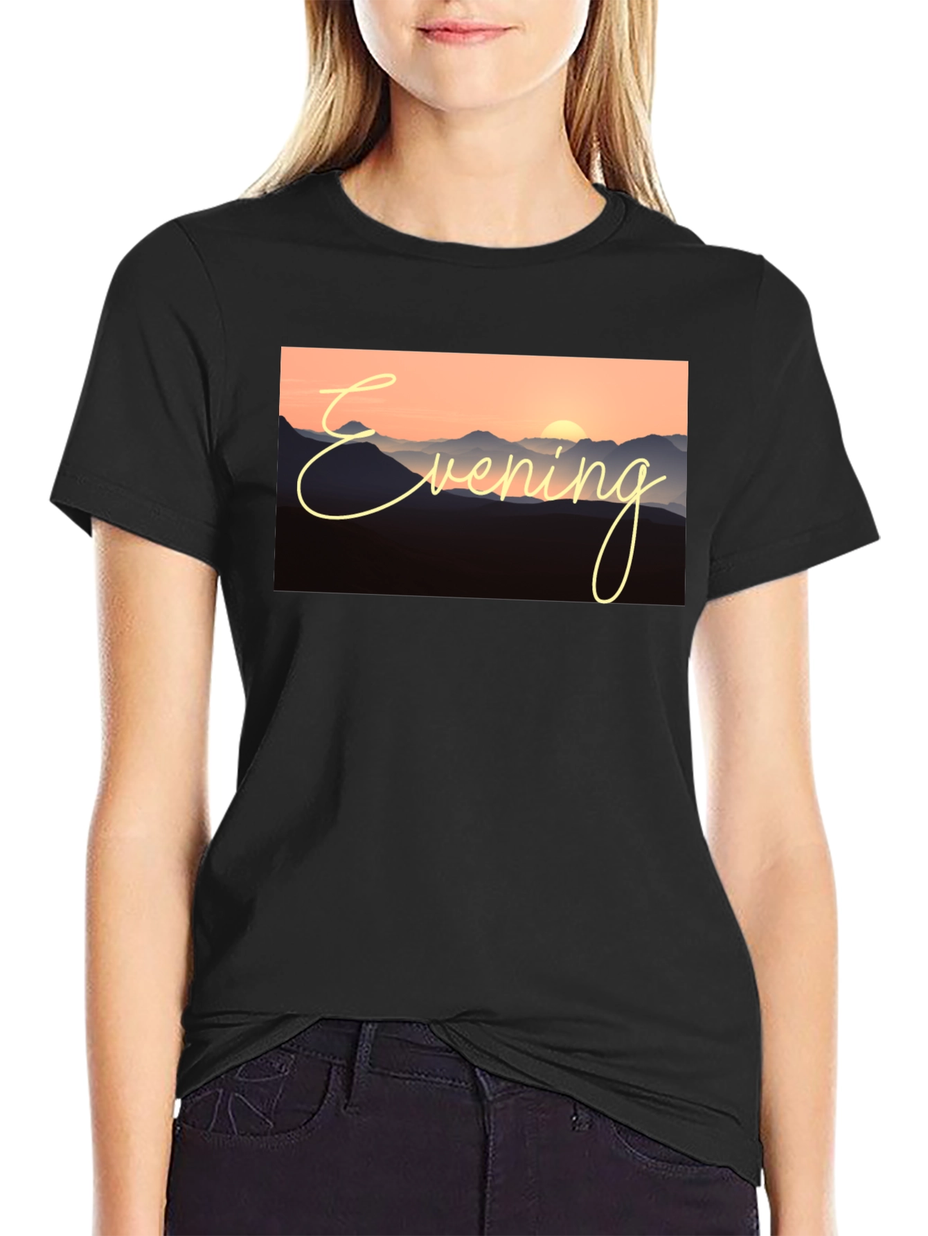 Evening Mountain Sunset Black T-Shirt