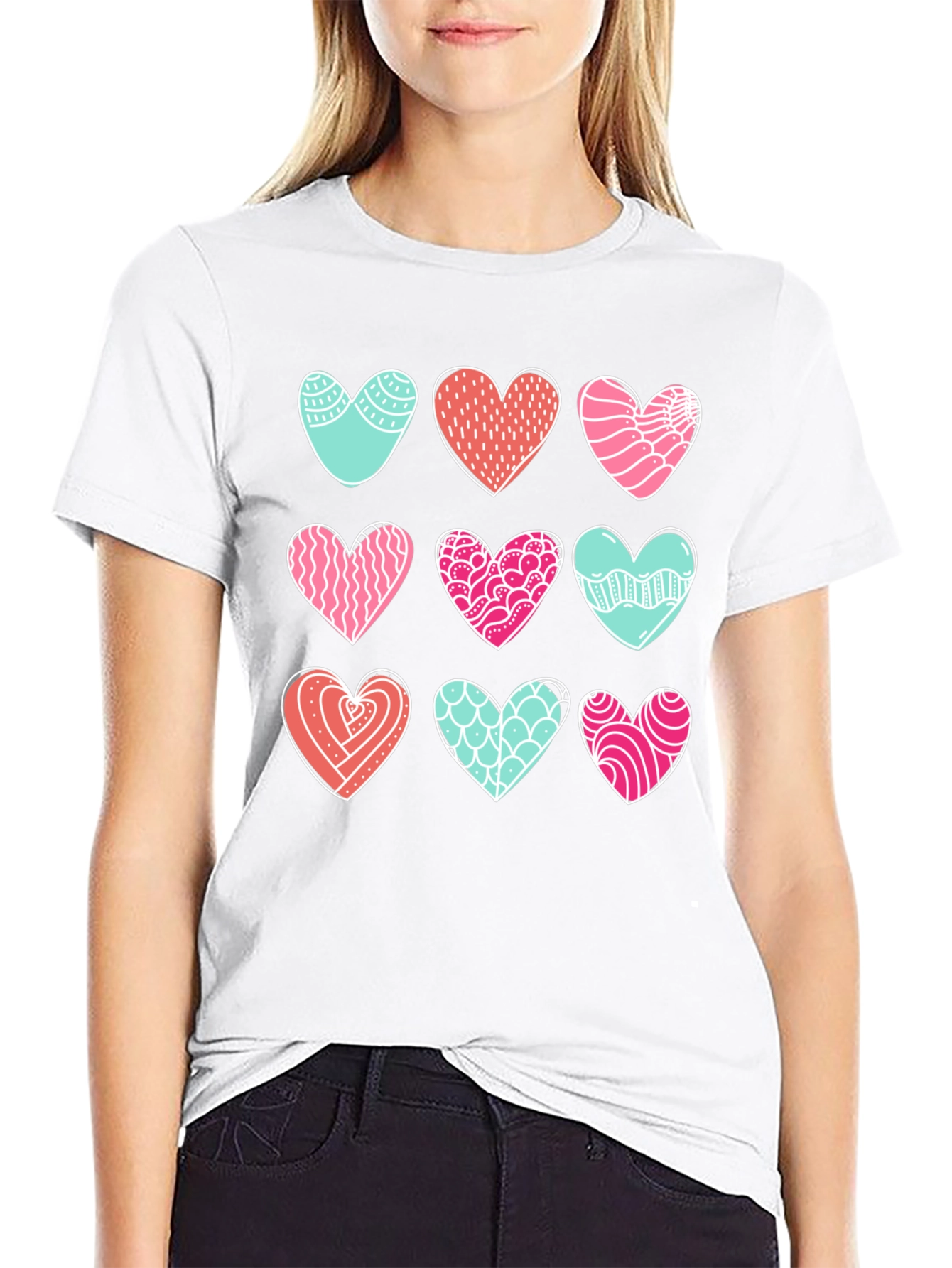 Heart Pattern Graphic Tee - Black Cotton Blend