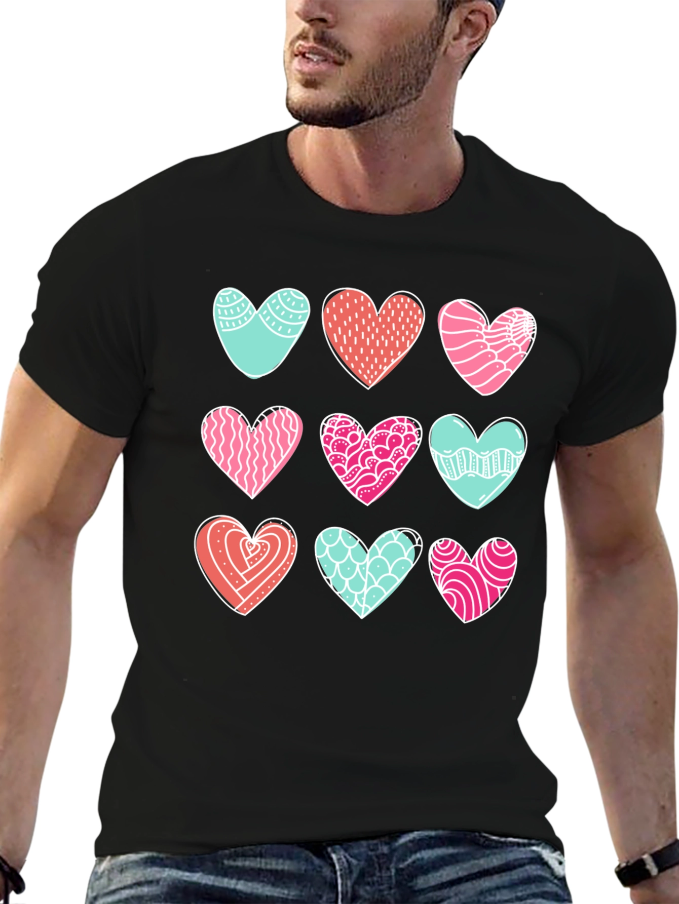 Heart Pattern Graphic Tee - Black Cotton Blend