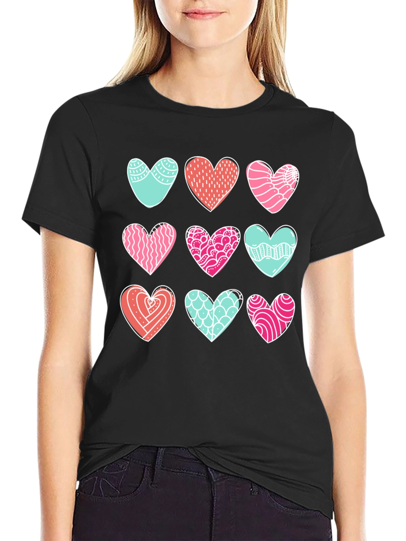 Heart Pattern Graphic Tee - Black Cotton Blend
