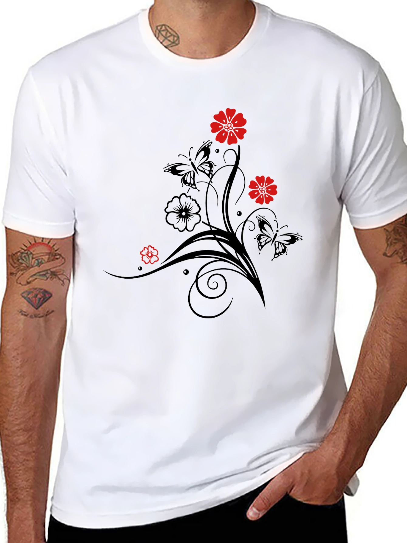 Black Floral & Butterfly Graphic T-Shirt