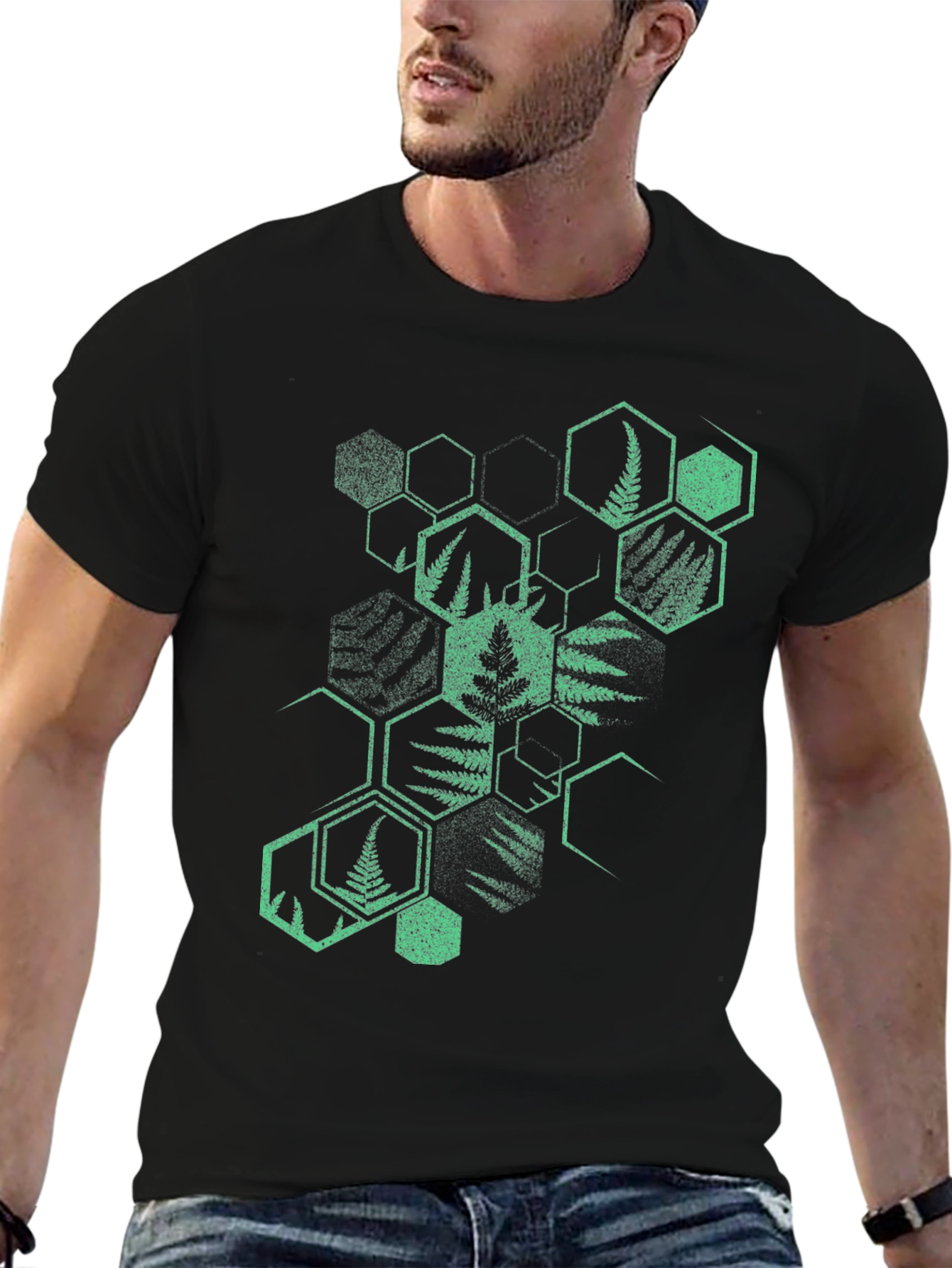 Geometric Fern Print Black T-Shirt