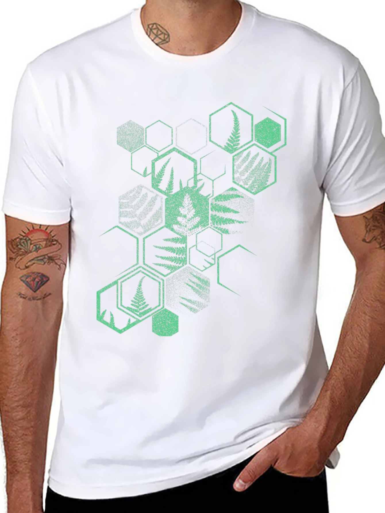 Geometric Fern Print Black T-Shirt