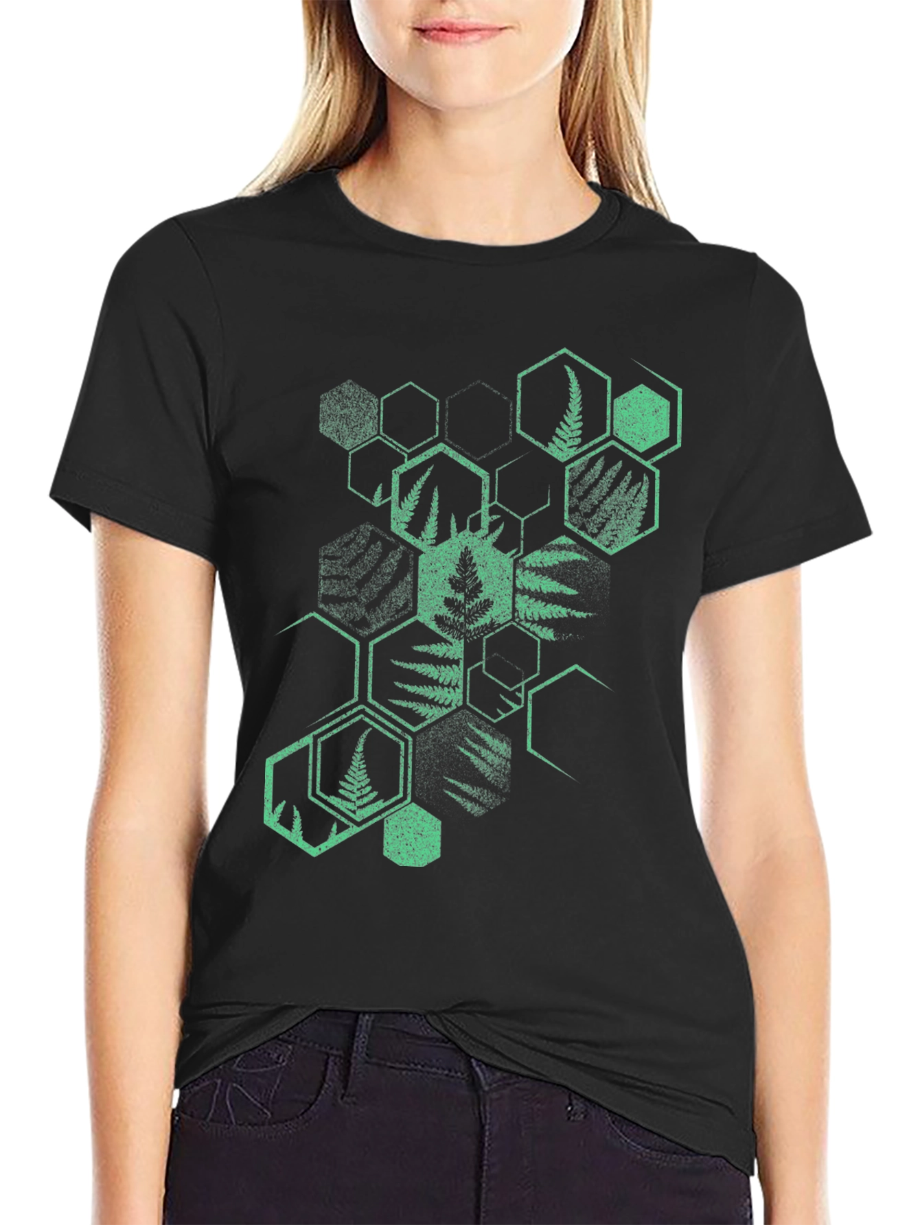 Geometric Fern Print Black T-Shirt