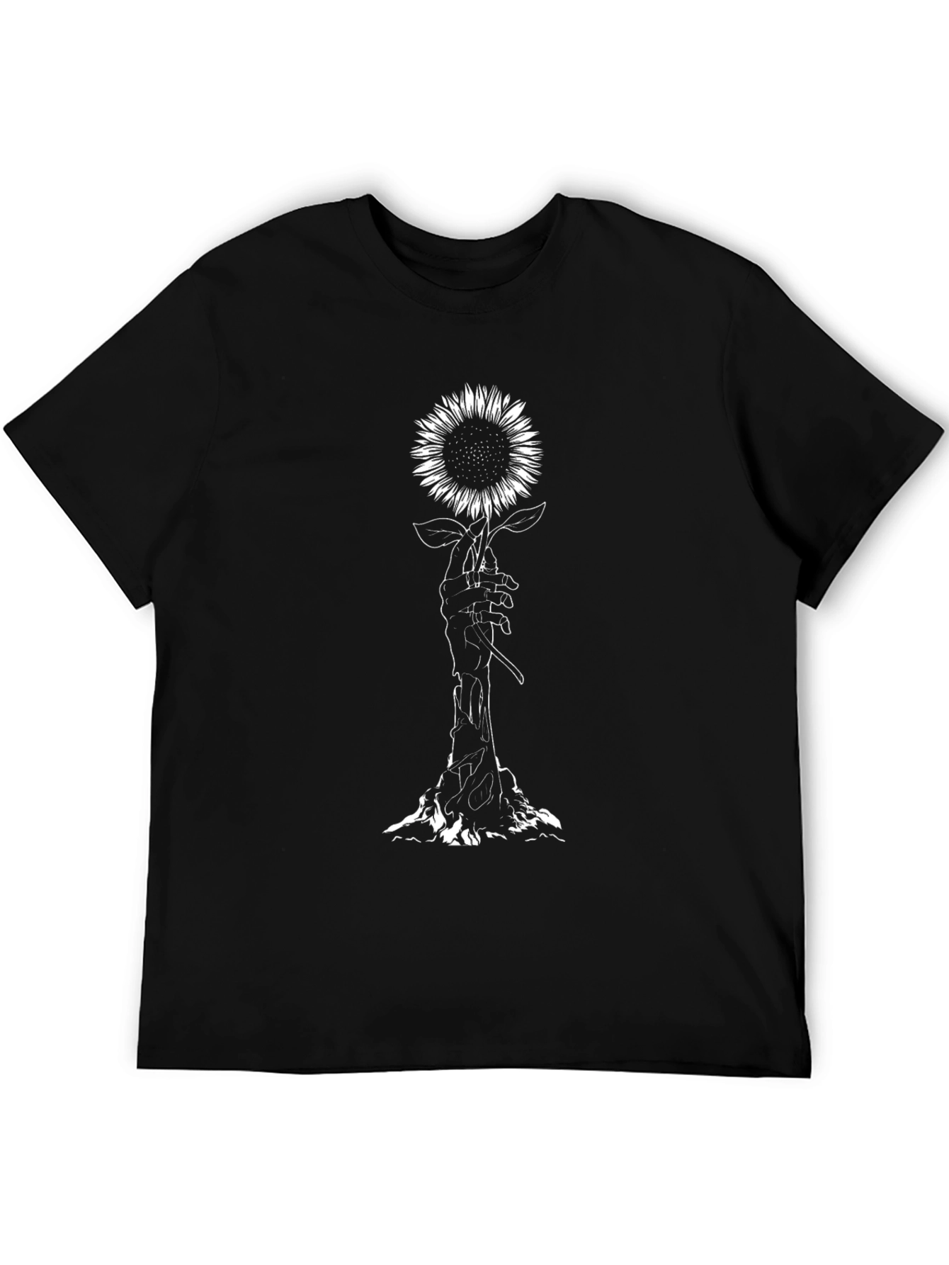 Sunflower Skeleton Hand Graphic Tee - Black Cotton T-Shirt