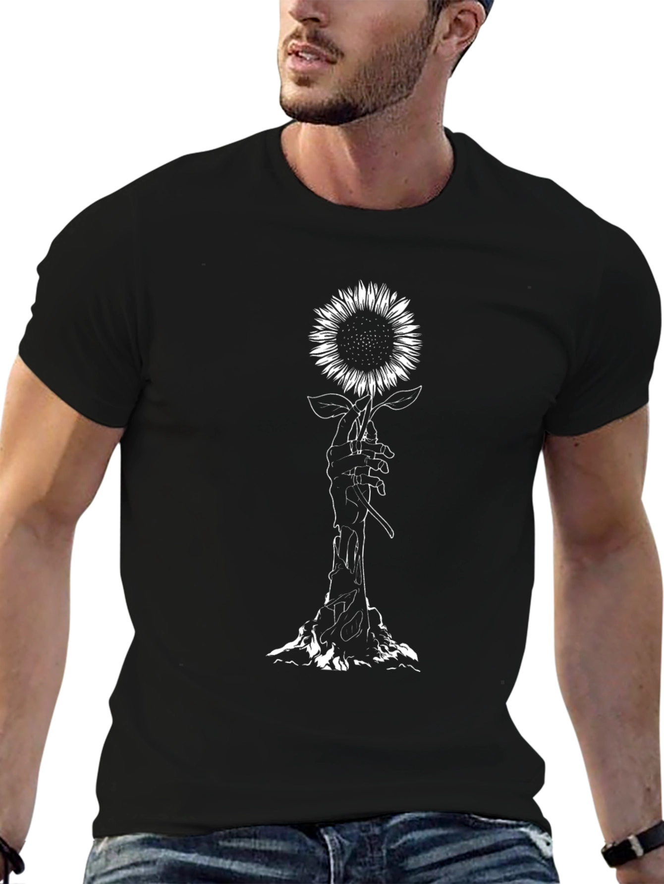 Sunflower Skeleton Hand Graphic Tee - Black Cotton T-Shirt