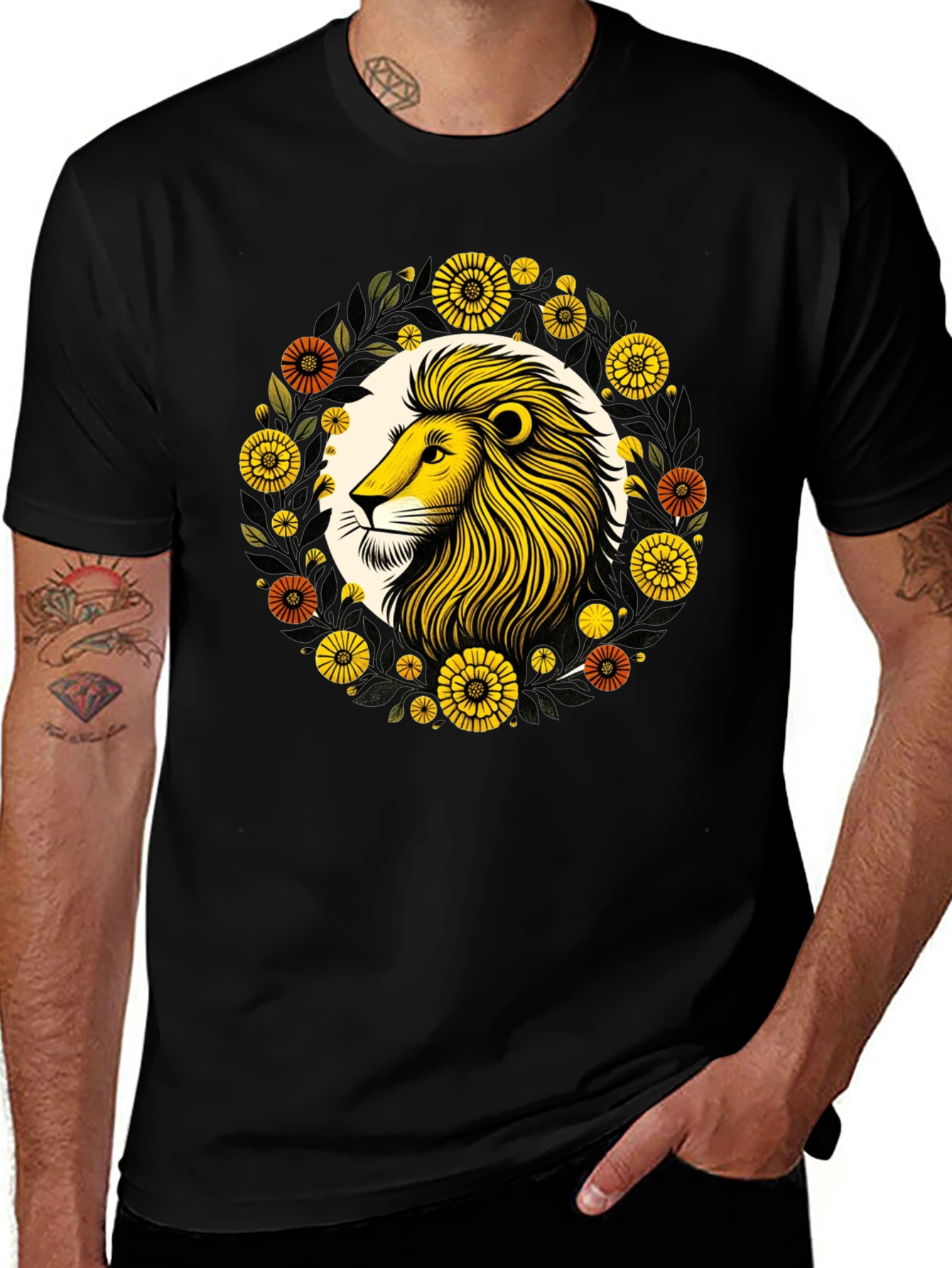 Lion Floral Graphic Black T-Shirt
