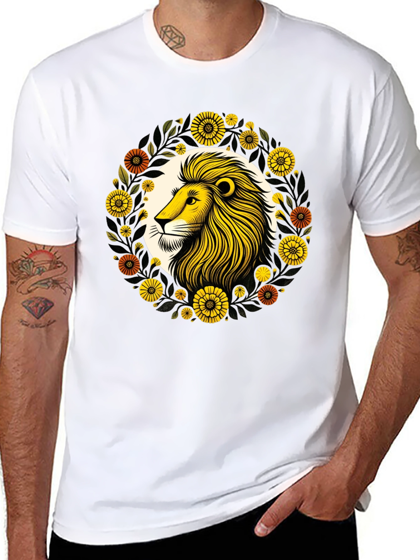 Lion Floral Graphic Black T-Shirt