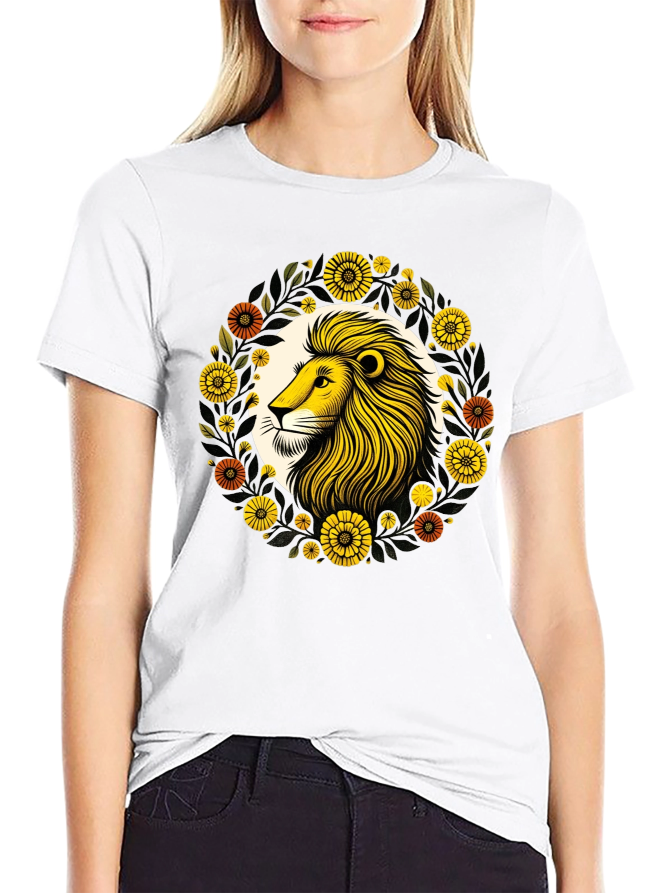 Lion Floral Graphic Black T-Shirt
