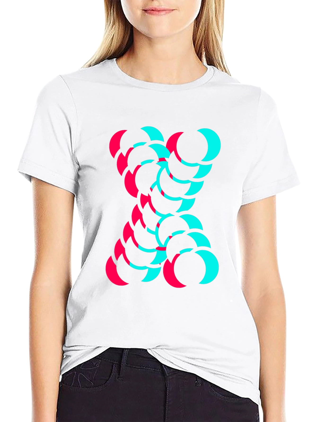 Modern Graphic Tee - Cyan and Magenta Crescent Design
