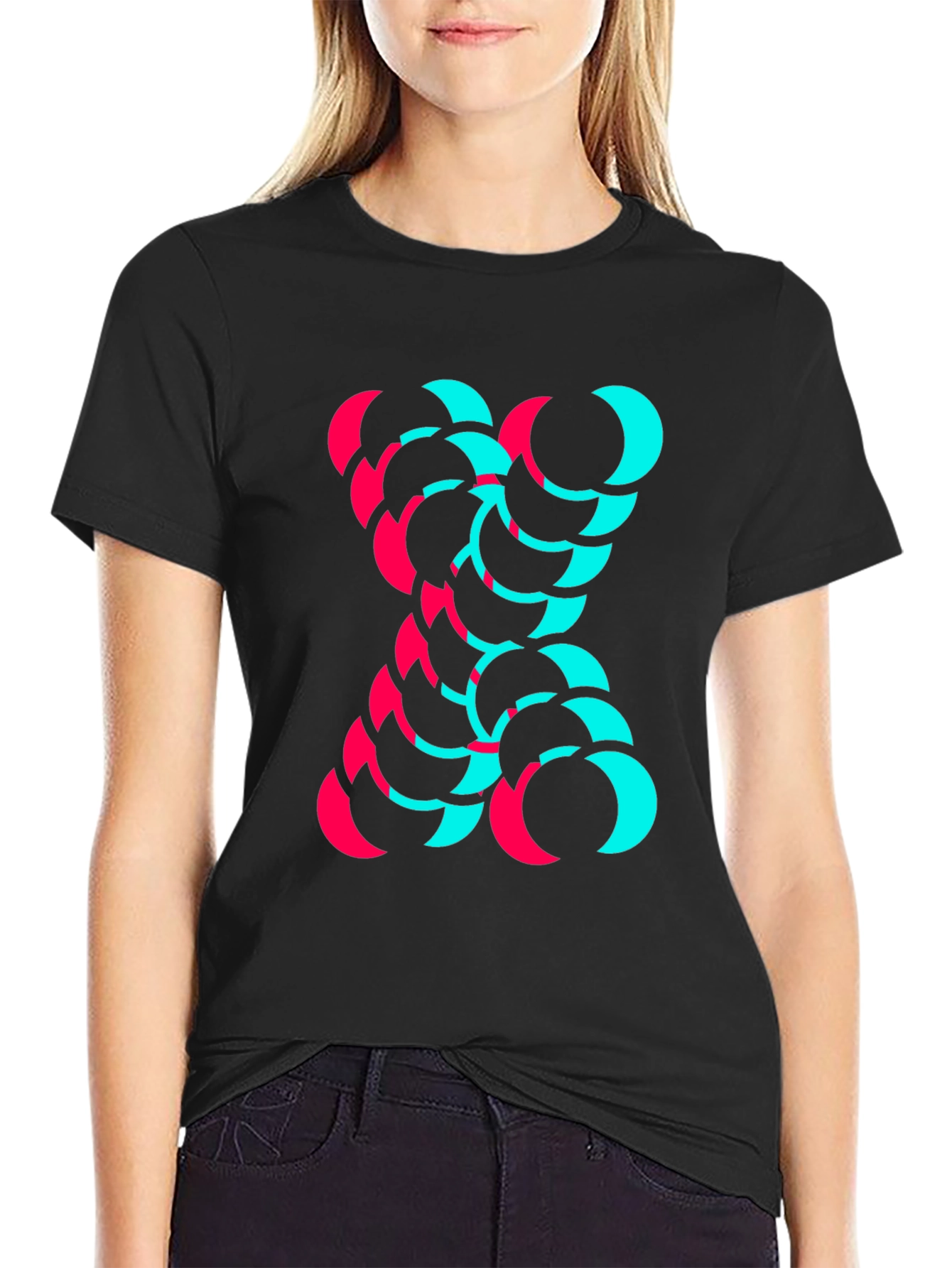 Modern Graphic Tee - Cyan and Magenta Crescent Design