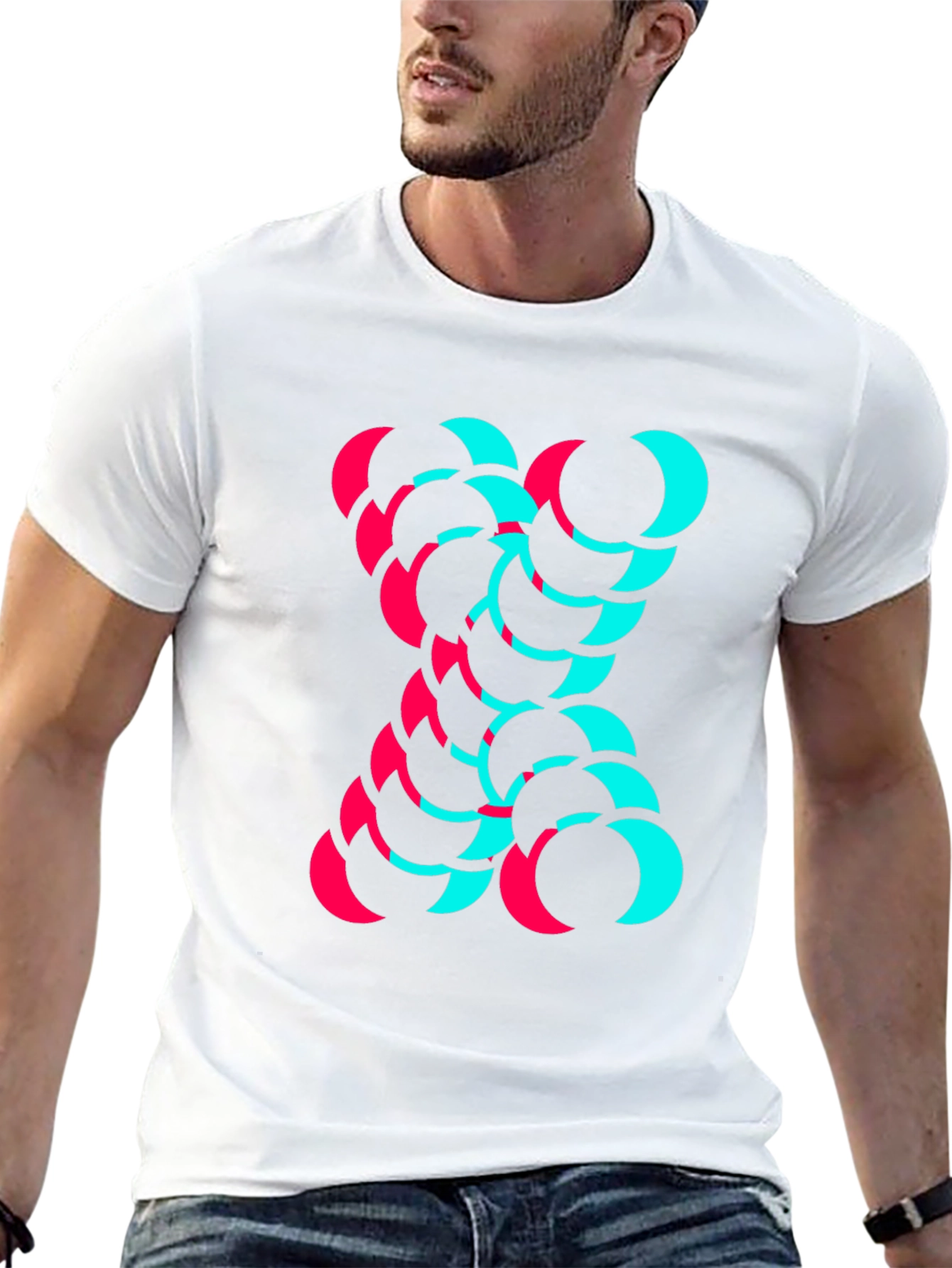 Modern Graphic Tee - Cyan and Magenta Crescent Design