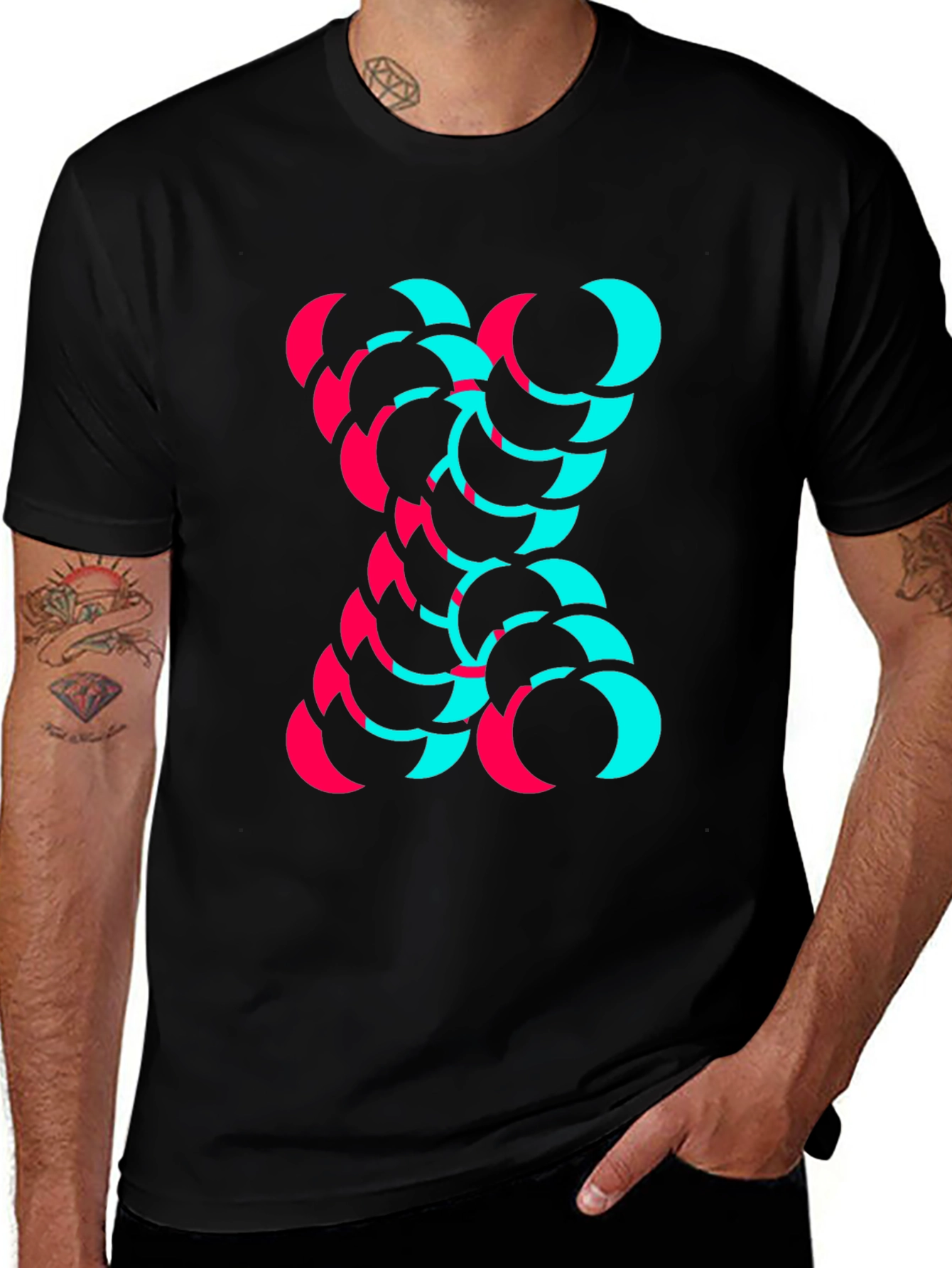 Modern Graphic Tee - Cyan and Magenta Crescent Design
