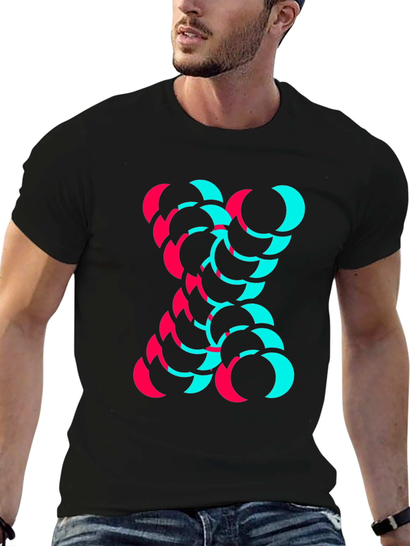 Modern Graphic Tee - Cyan and Magenta Crescent Design