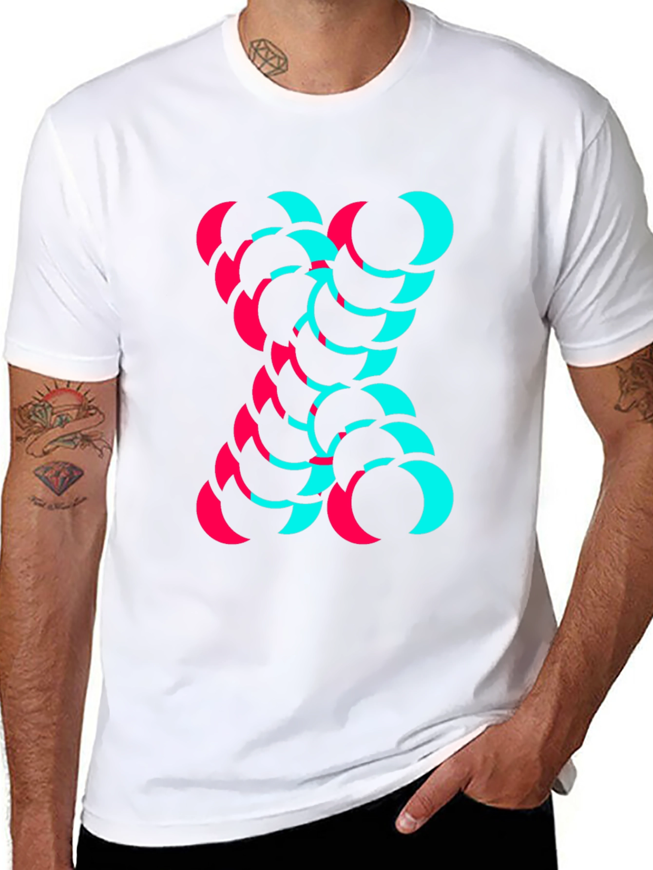 Modern Graphic Tee - Cyan and Magenta Crescent Design