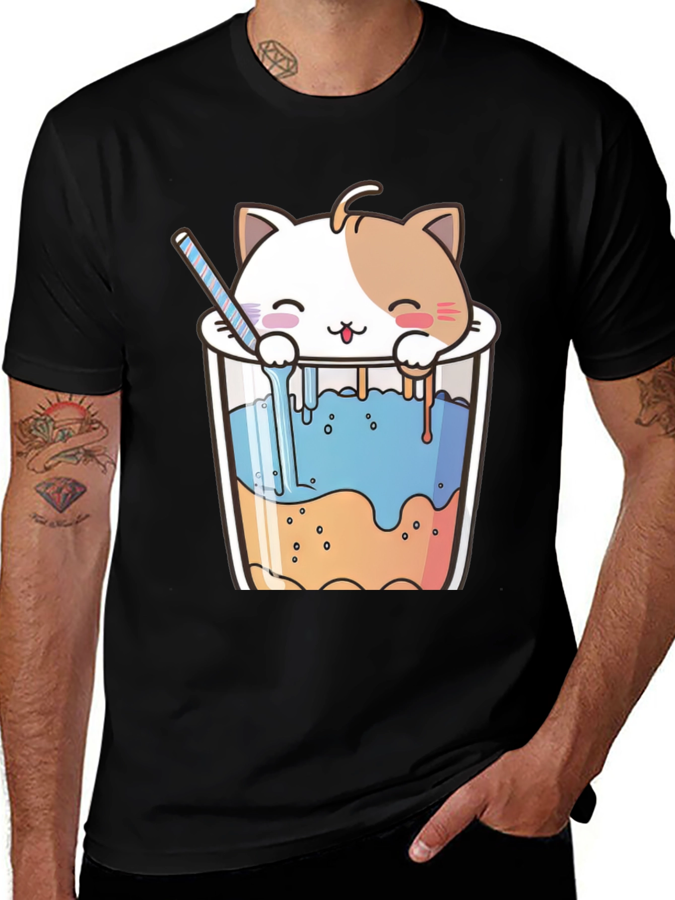 Cute Cat Bubble Tea Black T-Shirt