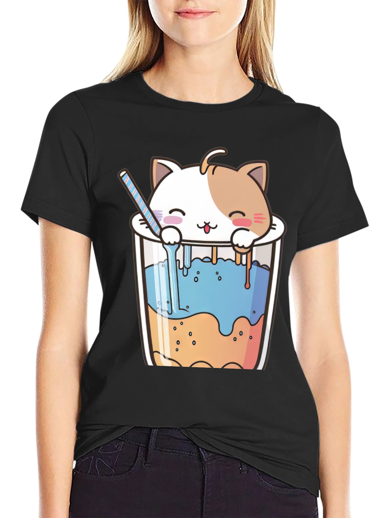 Cute Cat Bubble Tea Black T-Shirt