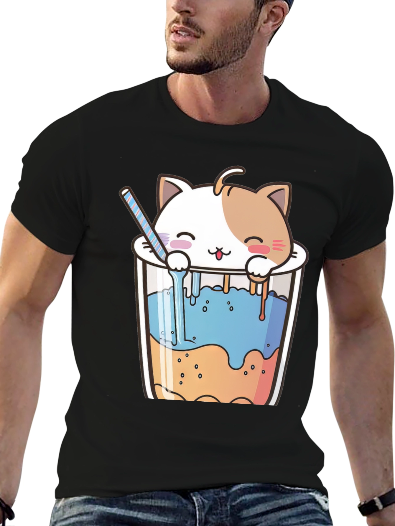 Cute Cat Bubble Tea Black T-Shirt