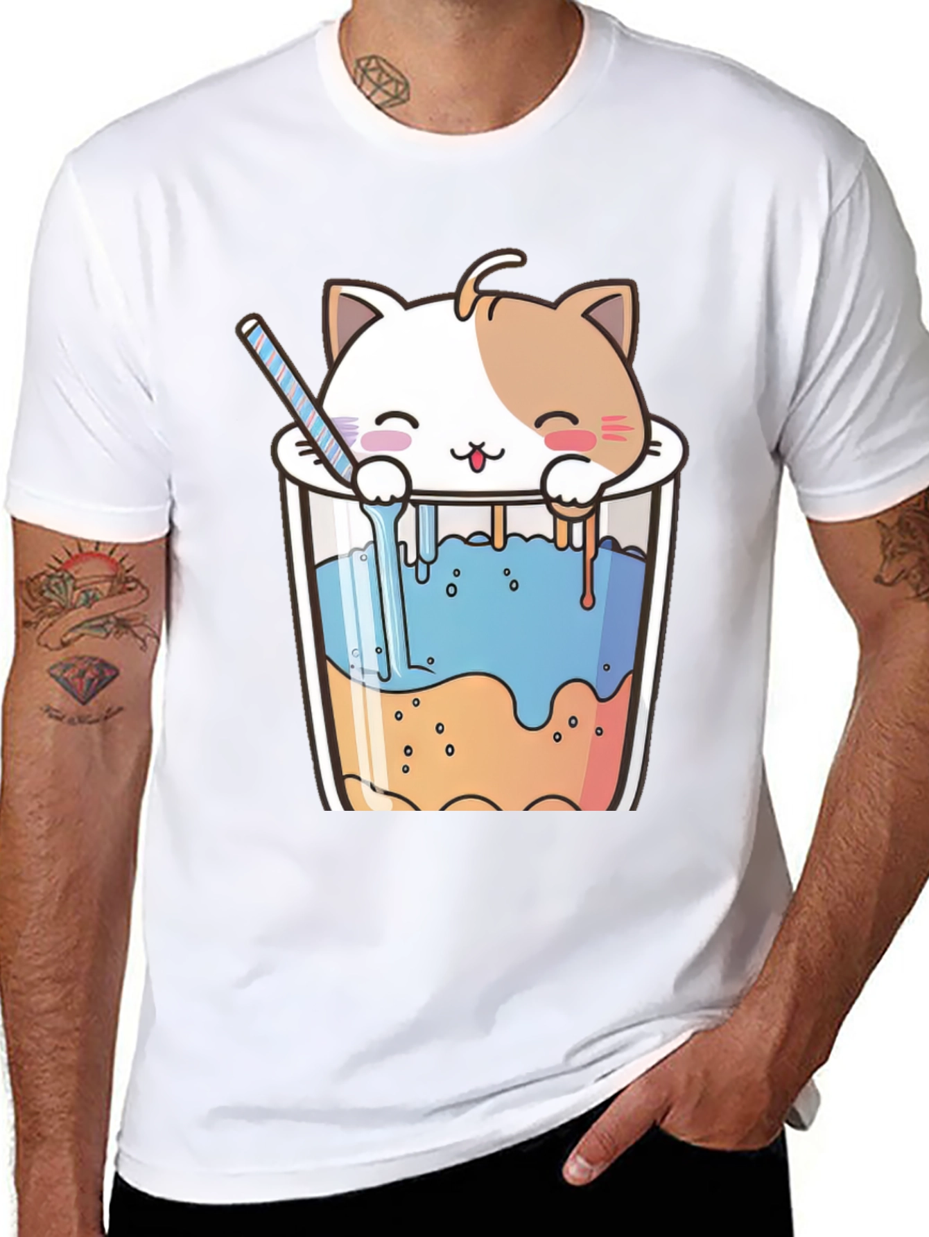 Cute Cat Bubble Tea Black T-Shirt