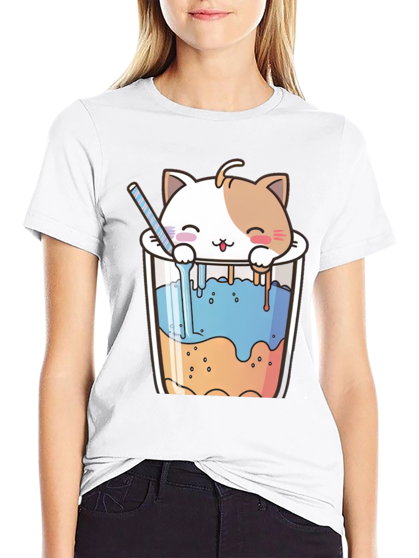 Cute Cat Bubble Tea Black T-Shirt