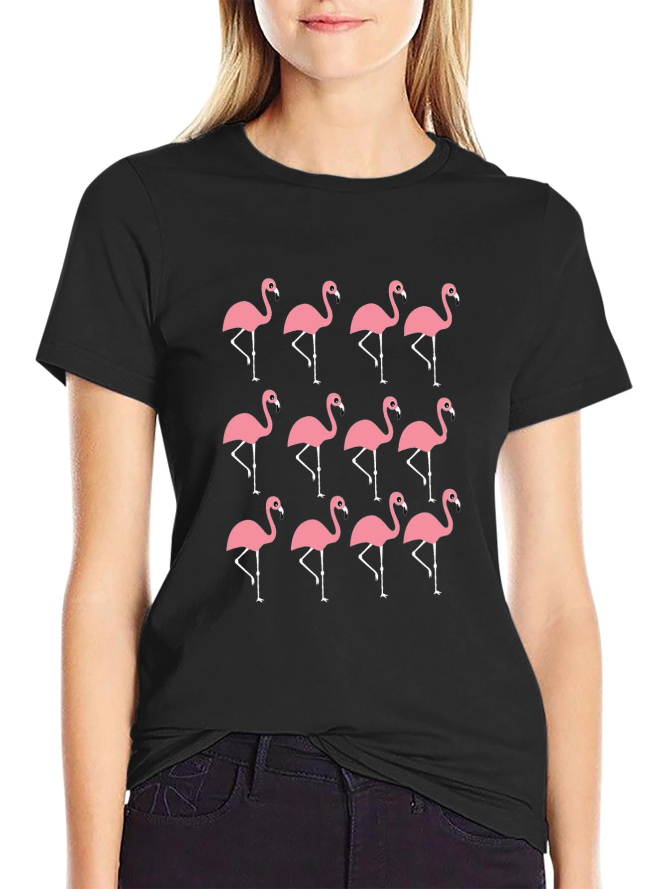 Flamingo Print Black T-Shirt
