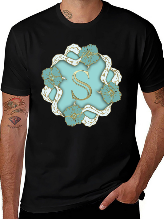 Floral Letter S Graphic Tee - Stylish Black T-Shirt