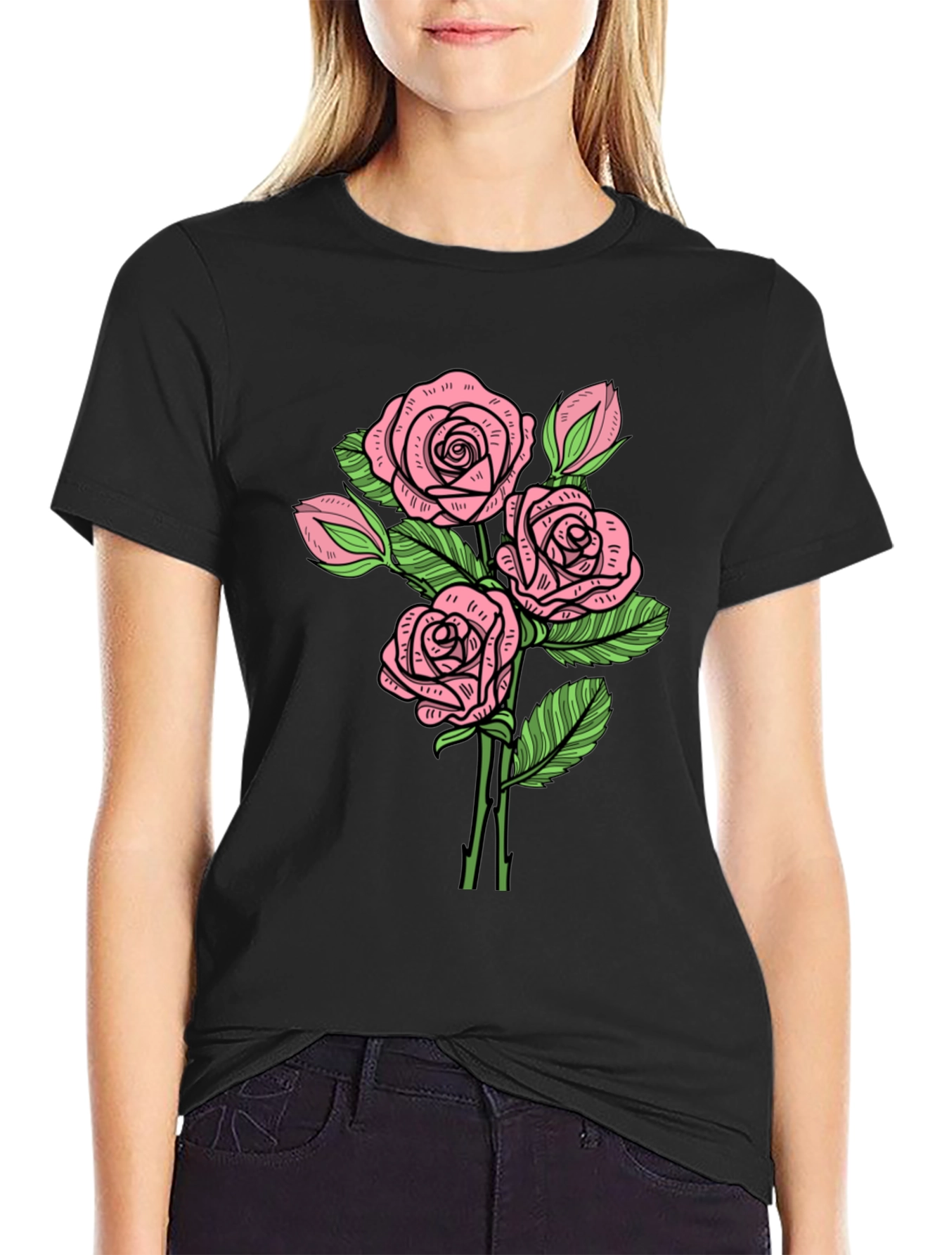 Floral Rose Print Crew Neck T-Shirt