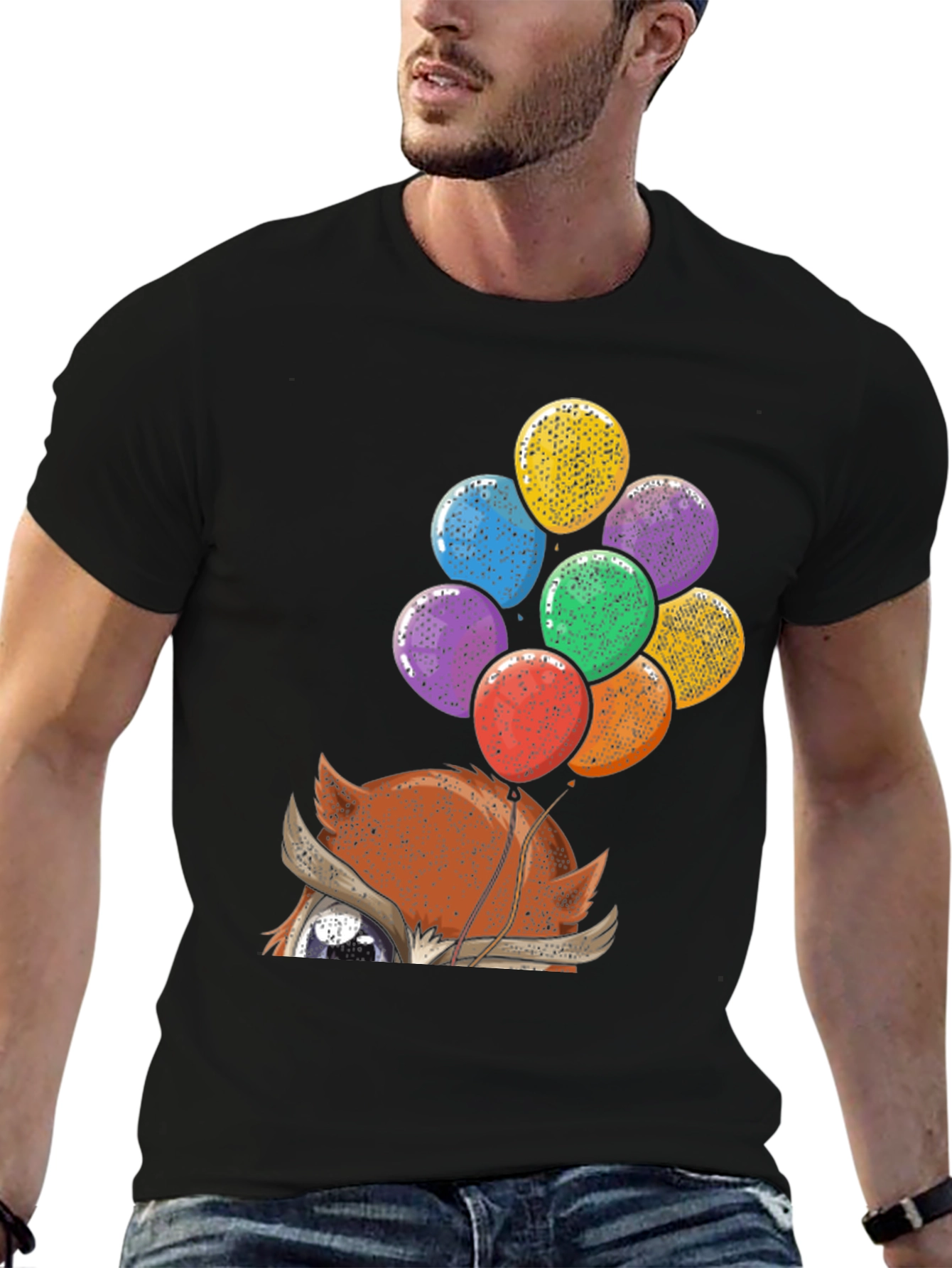 Fox with Balloons Graphic Print T-Shirt - Casual Style