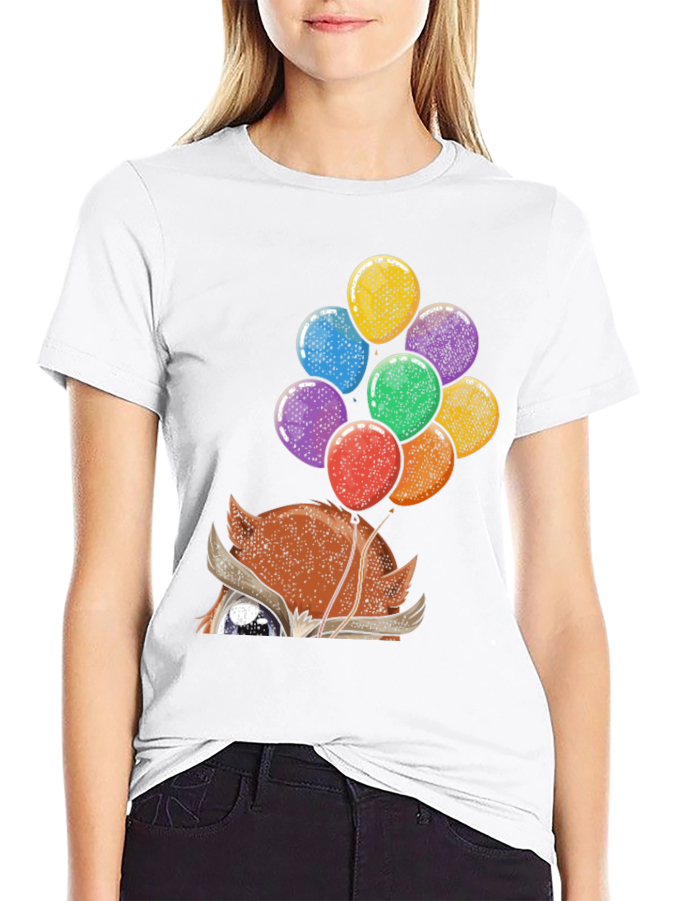 Fox with Balloons Graphic Print T-Shirt - Casual Style