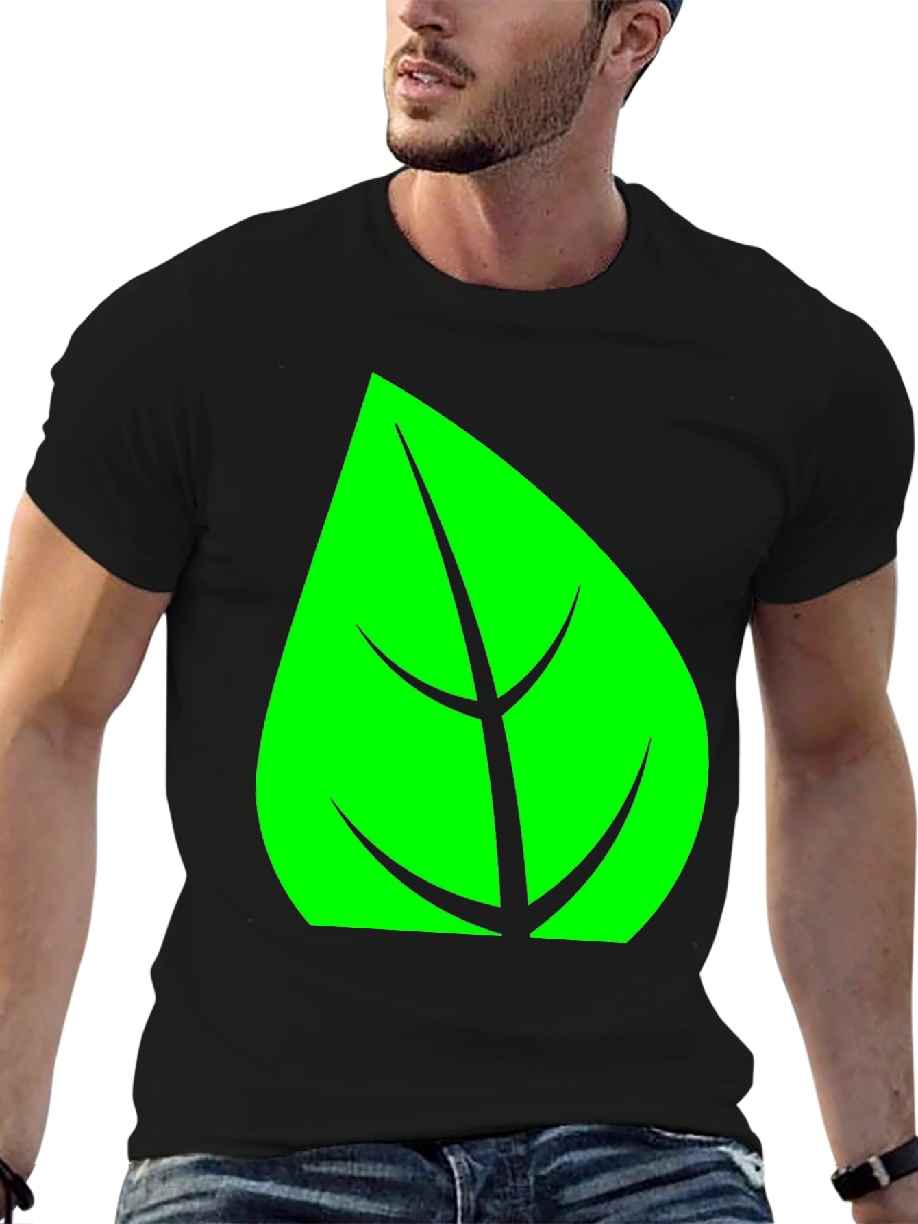 Green Leaf Graphic Black T-Shirt