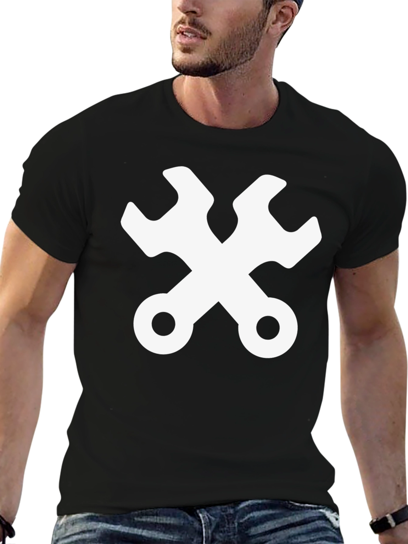 Wrench Cross Graphic Tee - Black Cotton Mechanic Shirt
