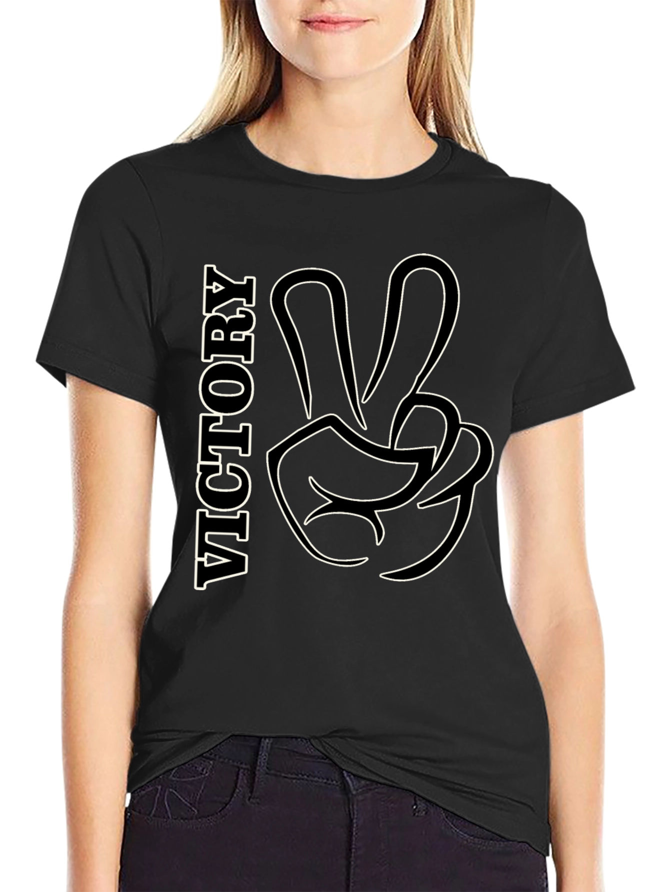Victory Gesture Graphic Tee - Stylish Black T-Shirt