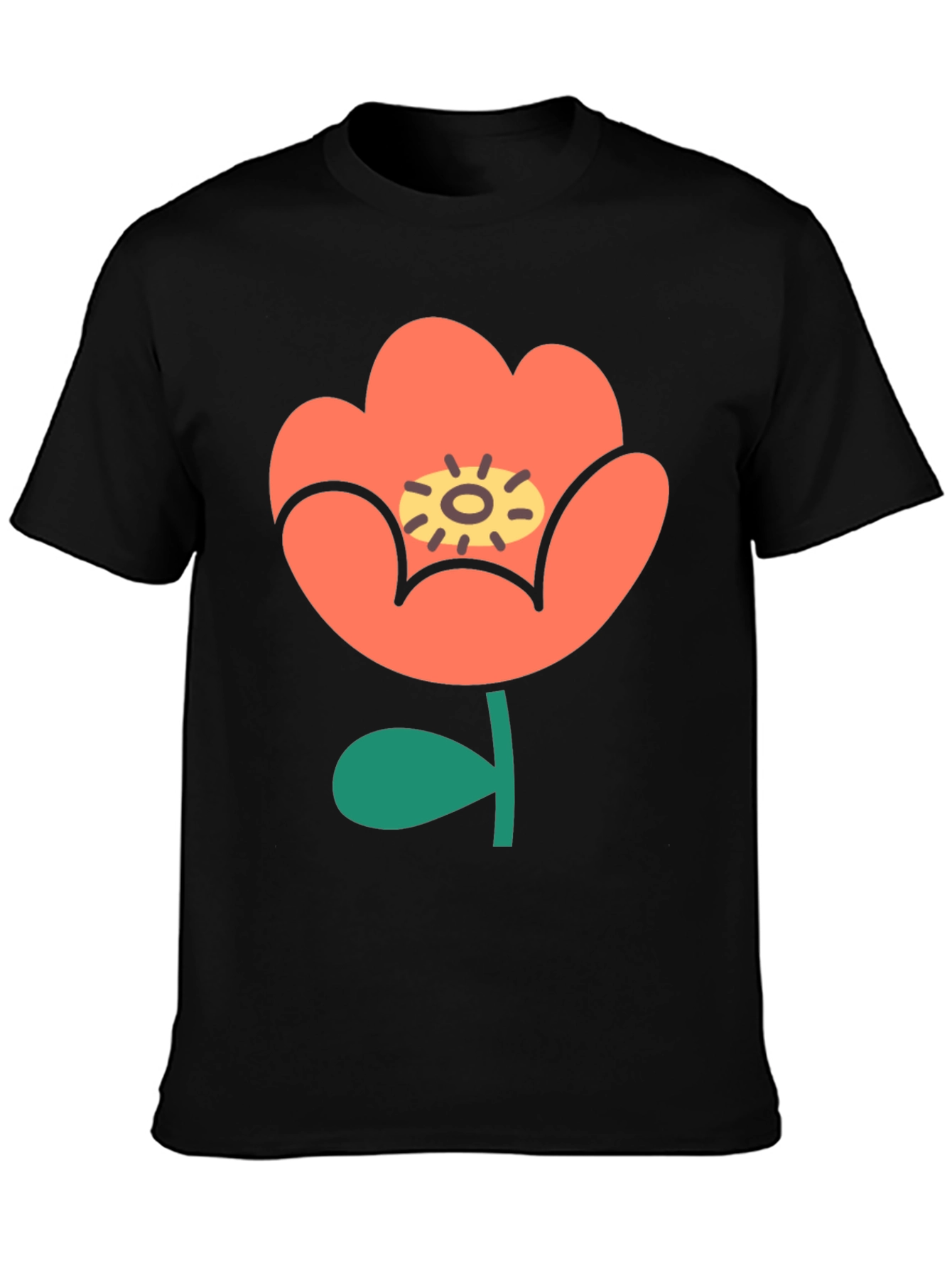Black T-Shirt with Retro Floral Design