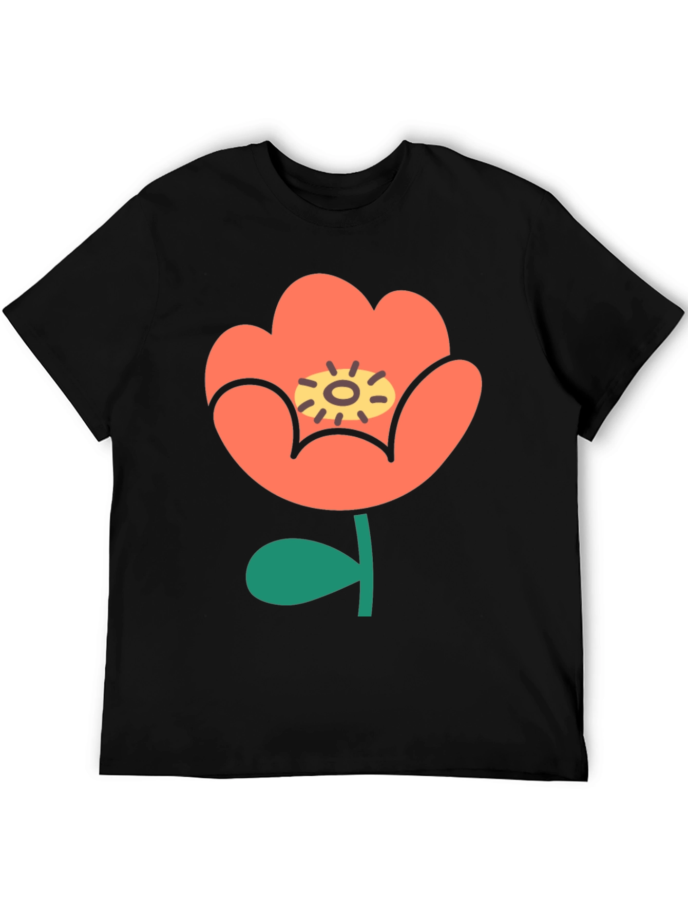 Black T-Shirt with Retro Floral Design
