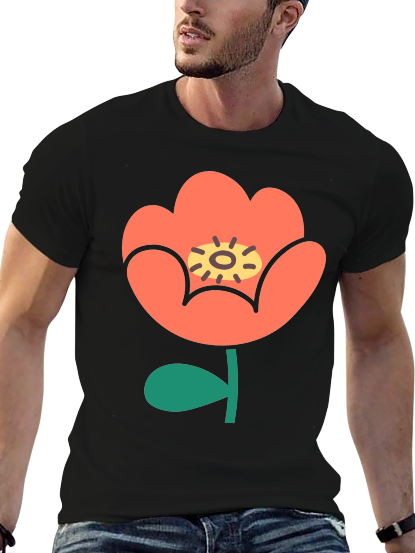 Black T-Shirt with Retro Floral Design