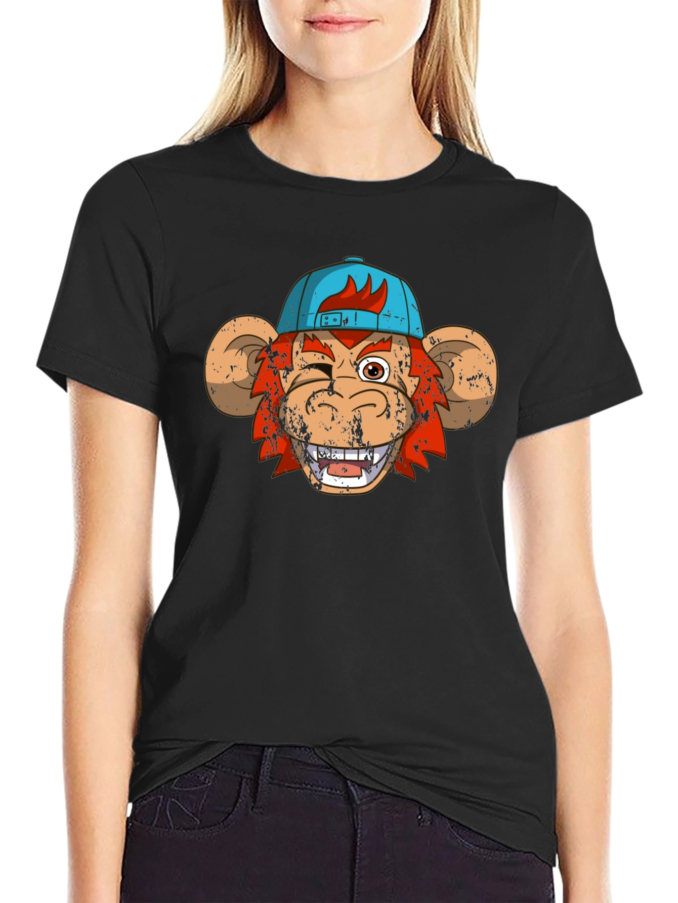 Winking Monkey Graphic Tee - Black Cotton Crew Neck