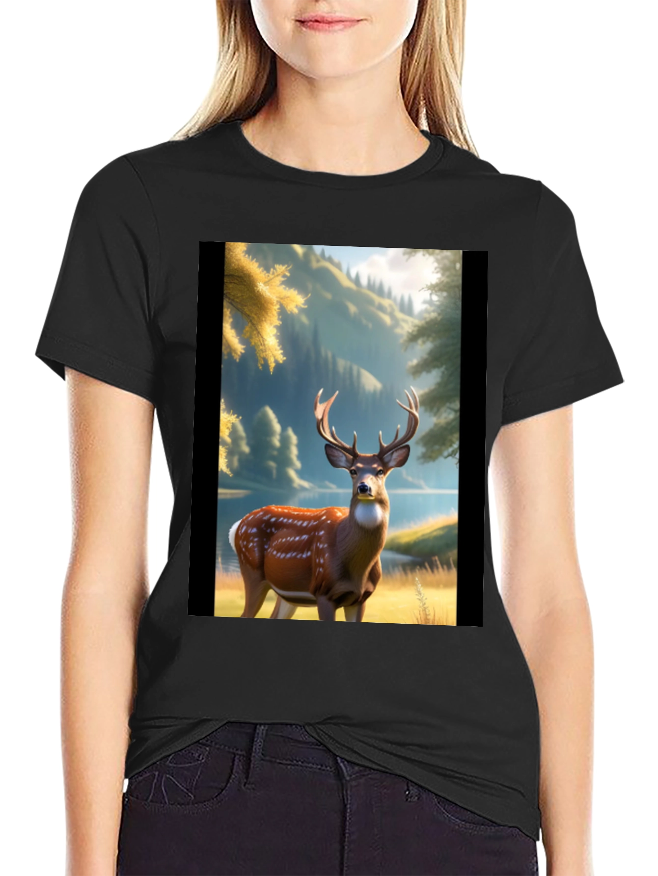 Deer Graphic Print Black T-Shirt