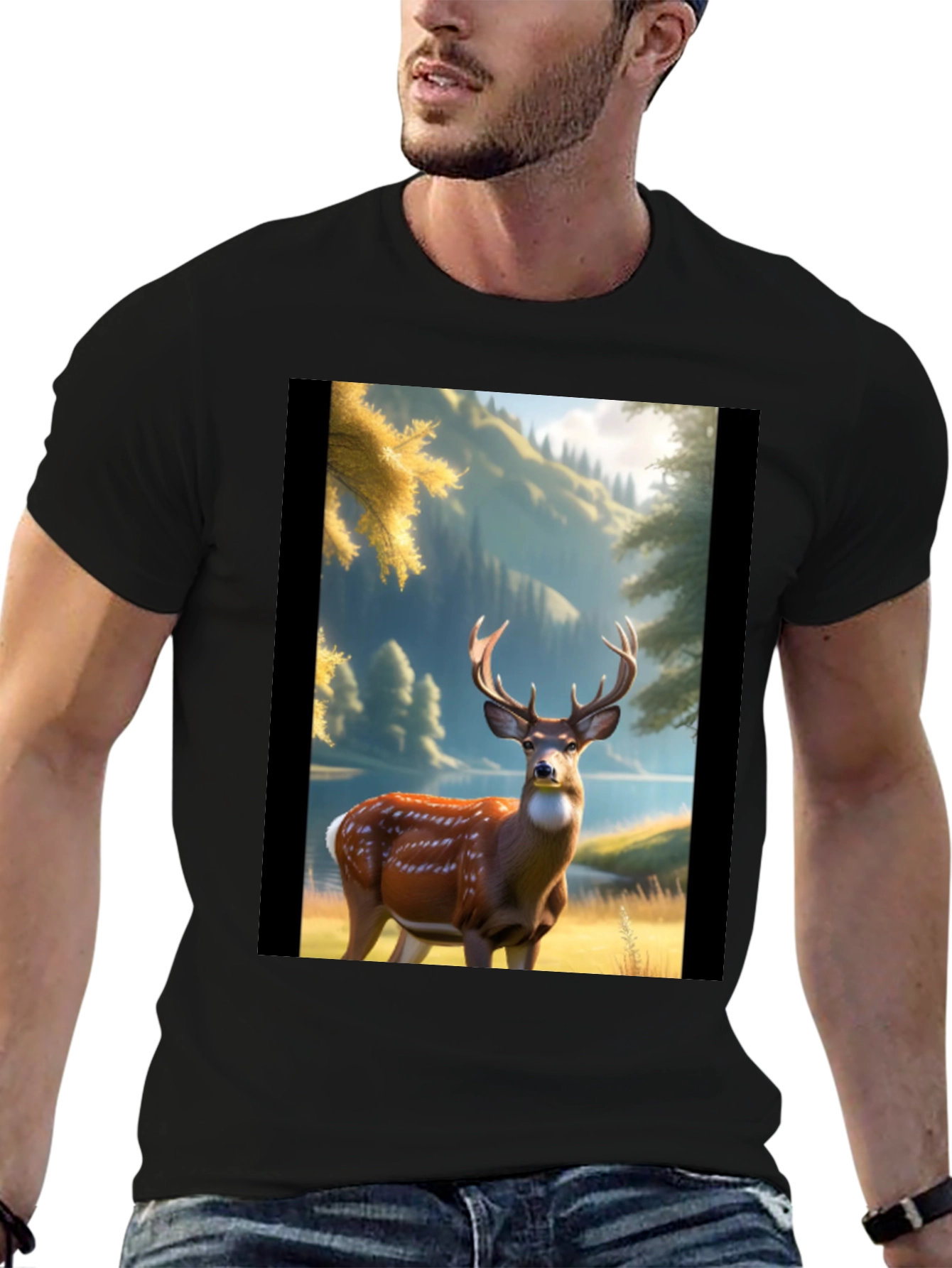 Deer Graphic Print Black T-Shirt