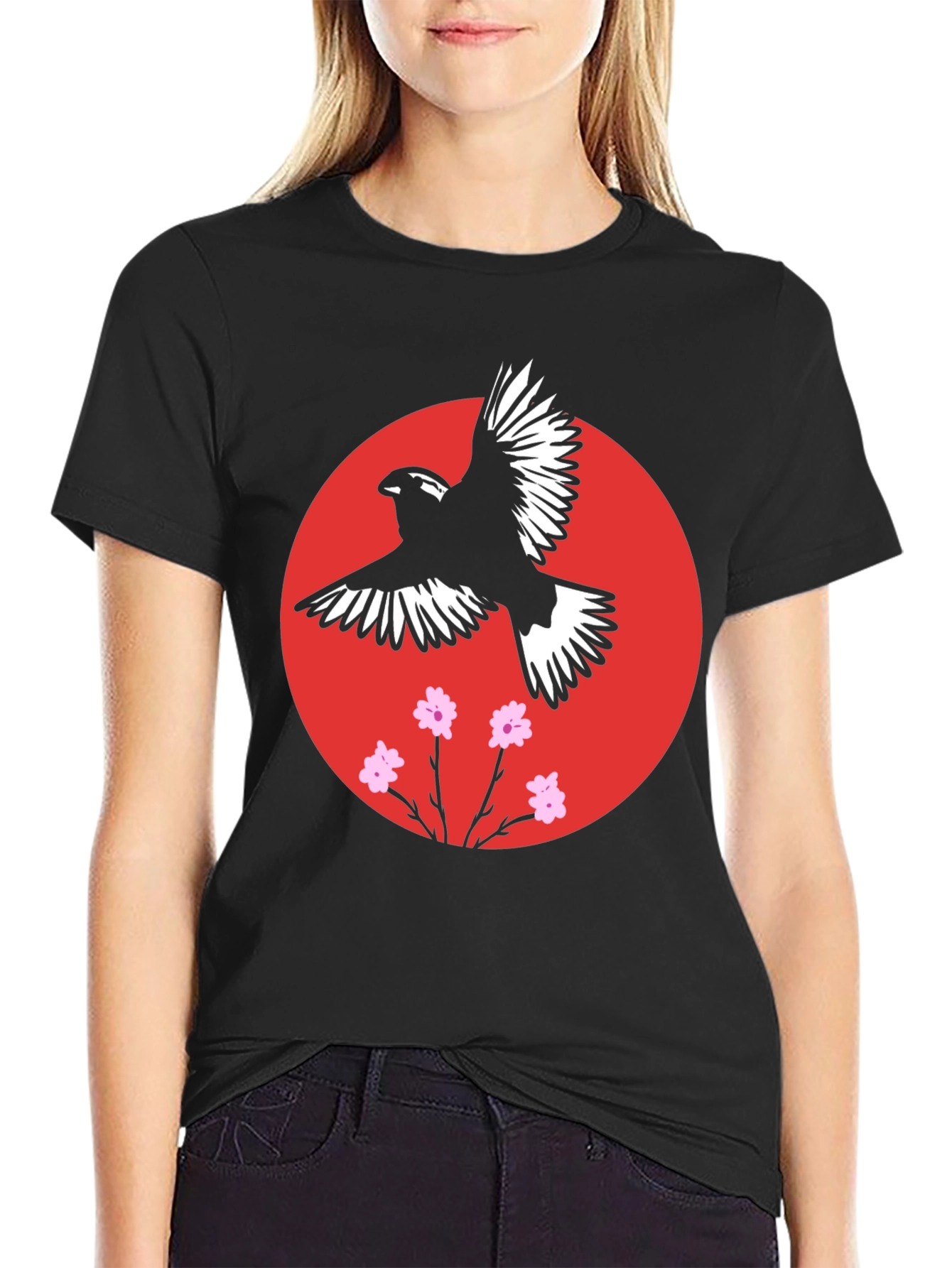 Bird and Blossom Graphic Black T-Shirt