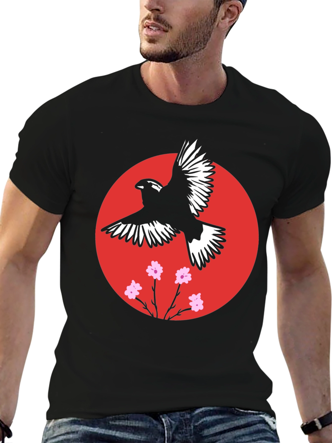 Bird and Blossom Graphic Black T-Shirt