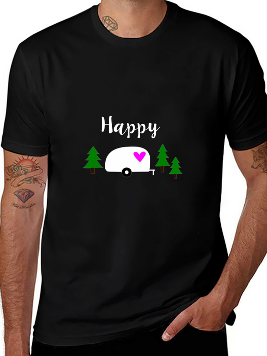 Happy Camper Graphic Tee - Black Cotton T-Shirt